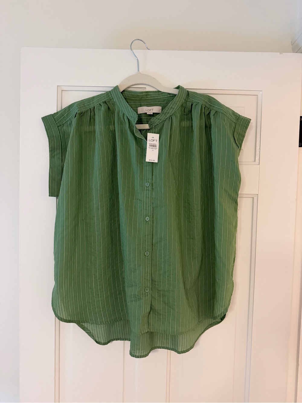 LOFT Green Pinstripe Cap Sleeve Button-Down Blouse